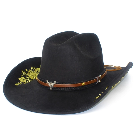 Cappello da Cowboy Western Americano Vintage Ricamato per Donna Uomo Tesa Larga Cappello da Cavaliere Motivo Floreale Cintura Decorativa Testa di Toro