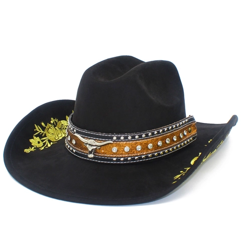Sombrero de Vaquero del Oeste Vintage para Mujer Fedora Negro de Gamuza Con Cabeza de Toro de Metal Bordado de Rosas Oro Plata y Strass de Ala Ancha