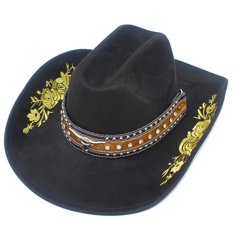 Sombrero de Vaquero del Oeste Vintage para Mujer Fedora Negro de Gamuza Con Cabeza de Toro de Metal Bordado de Rosas Oro Plata y Strass de Ala Ancha
