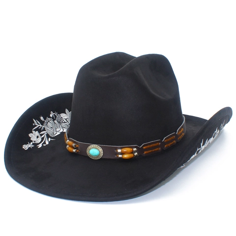 Chapeau de Cowboy Occidental Brodé en Suède Fedora Avec Bande en Cuir Perle Turquoise Large Bord Rétro Ethnique Femme Homme