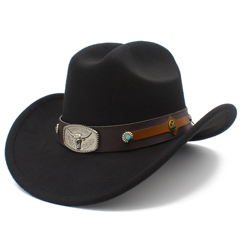 Western Cowboyhut Vintage Polyester Filz Breitkrempiger Fedora Mit Stierkopf Schnalle Nieten Für Herren Damen Outdoor Sonnenhut