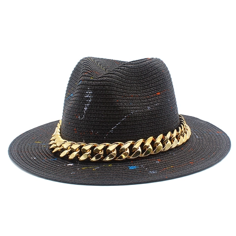 Cappello Fedora in Paglia da Donna Con Catena d'Oro Schizzi d'Arte Tesa Larga Cappello da Sole Spiaggia Panama Jazz