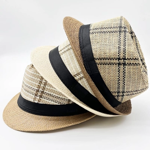 Herren Retro Kariert Papierstroh Fedora Hut Britischer Jazzhut Mit Satinband-Dekoration Atmungsaktiver Outdoor Strand Sonnenhut