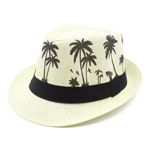 Summer Straw Fedora Hat Palm Tree Print Sun Protection Beach Jazz Hat For Men Women Casual Outdoor Travel Vacation
