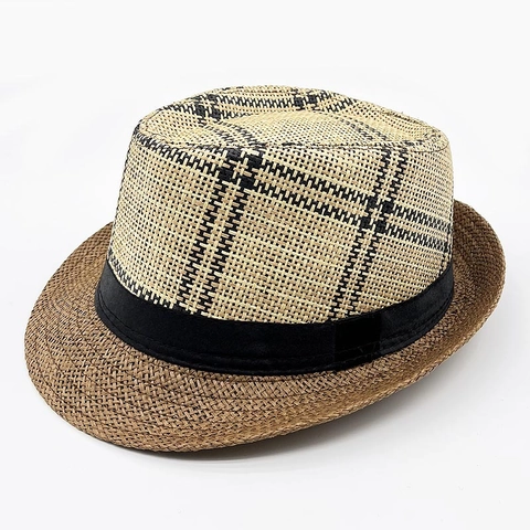 Herren Retro Kariert Papierstroh Fedora Hut Britischer Jazzhut Mit Satinband-Dekoration Atmungsaktiver Outdoor Strand Sonnenhut