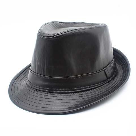 Unisex Vintage PU Leather Fedora Hat Solid Color Flat Top Short Brim Jazz Hat For Outdoor Performance Casual Dress Up
