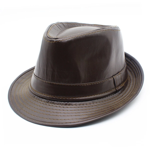 Unisex Vintage PU Leather Fedora Hat Solid Color Flat Top Short Brim Jazz Hat For Outdoor Performance Casual Dress Up