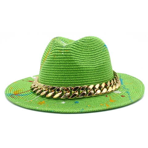 Cappello Fedora in Paglia da Donna Con Catena d'Oro Schizzi d'Arte Tesa Larga Cappello da Sole Spiaggia Panama Jazz