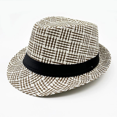Unisex Summer Paper Straw Fedora Hat Woven Plaid Jazz Hat With Black Ribbon Band Short Brim Sun Hat For Beach Travel
