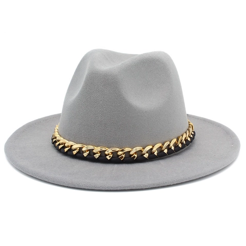 Cappello Fedora Unisex in Feltro di Lana a Tesa Larga Jazz Con Catena in Metallo Dorato e Fascia Intrecciata Nera Festa Moda