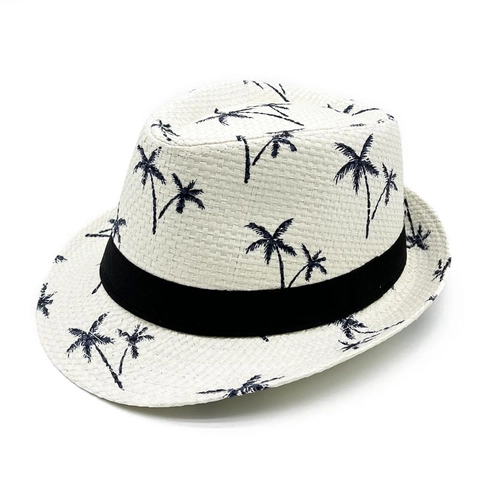 Cappello Fedora in Paglia di Carta per Spiaggia Estiva Con Stampa Albero di Cocco Decorazione a Nastro Traspirante Cappello Jazz