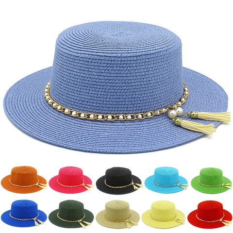 Damen Eleganter Strohhut Boater Hut Breite Krempe Sonnenschutz Strandhut Goldkette Künstliche Perle Quaste Sommerurlaub Jazzhut
