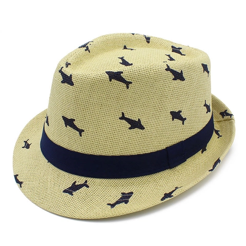 Sombrero Fedora de Paja de Papel de Verano con Estampado de Tiburón Sombrero de Sol con Cinta Azul Transpirable Ligero Panamá para Hombre Mujer