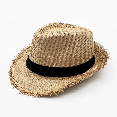 Cappello Fedora in Paglia di Carta Vintage per Uomo Donna Protezione Solare Cappello da Jazz con Bordi Sfrangiati e Nastro Nero