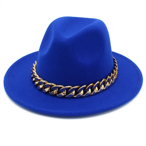 Fashion Women Men Wide Brim Fedora Hat With Golden Metal Chain Solid Color Cotton Blend Jazz Hat British Style Winter Warm Hat
