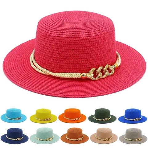 Women Fashion Flat Top Straw Boater Hat With Gold Metal Chain And Rope Decoration Wide Brim Summer Sun Beach Vacation Hat