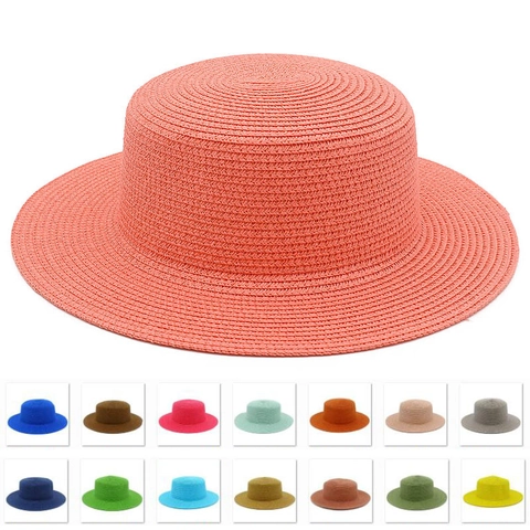 Women Summer Flat Top Straw Boater Hat Wide Brim Sun Protection Breathable Beach Vacation Woven Hat Solid Color