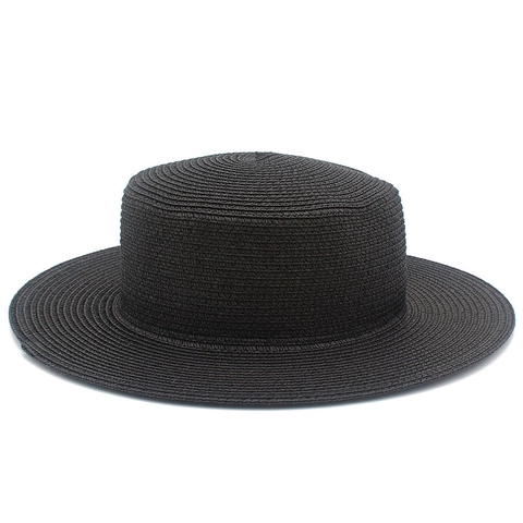 Women Summer Flat Top Straw Boater Hat Wide Brim Sun Protection Breathable Beach Vacation Woven Hat Solid Color