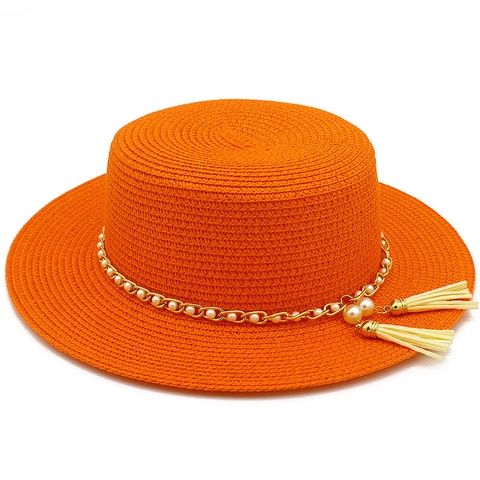 Damen Eleganter Strohhut Boater Hut Breite Krempe Sonnenschutz Strandhut Goldkette Künstliche Perle Quaste Sommerurlaub Jazzhut