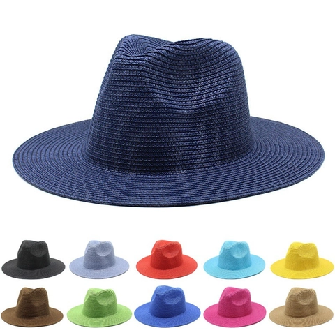 Women Solid Color Panama Straw Fedora Hat Summer Beach Sun Protection Breathable Wide Brim Jazz Cap Outdoor Travel Sun Hat