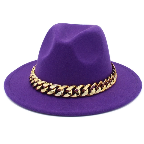 Fashion Women Men Wide Brim Fedora Hat With Golden Metal Chain Solid Color Cotton Blend Jazz Hat British Style Winter Warm Hat