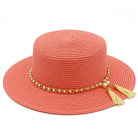 Women Boater Hat Straw Sun Hat Elegant Summer Beach Hat With Artificial Pearl Chain And Tassel Flat Top Wide Brim Sun Protection Cap