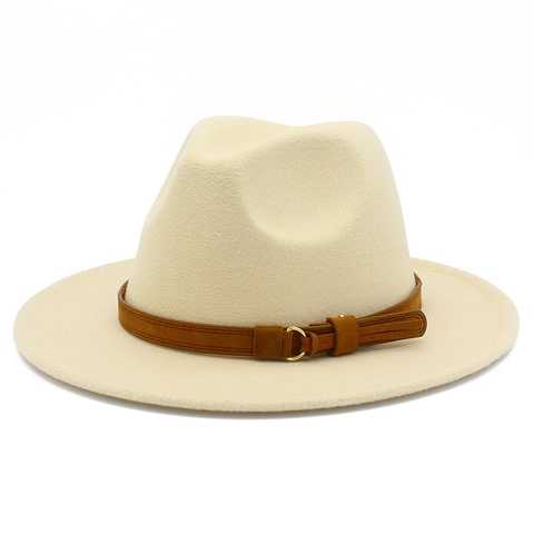 Unisex Vintage Wool Fedora Hat With Belt Buckle Wide Brim Flat Top Jazz Hat For Men Women Autumn Winter Warm Cap