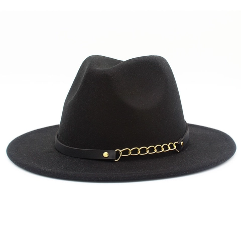 Classic Wool Blend Fedora Hat For Men Women Wide Brim Jazz Hat With Black Leather Strap Gold Chain Vintage Fashion Party Hat