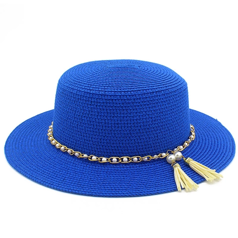 Women Boater Hat Straw Sun Hat Elegant Summer Beach Hat With Artificial Pearl Chain And Tassel Flat Top Wide Brim Sun Protection Cap