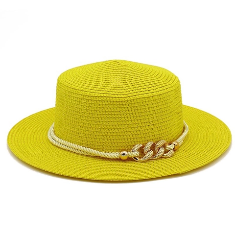 Women Fashion Flat Top Straw Boater Hat With Gold Metal Chain And Rope Decoration Wide Brim Summer Sun Beach Vacation Hat