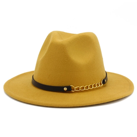Classic Wool Blend Fedora Hat For Men Women Wide Brim Jazz Hat With Black Leather Strap Gold Chain Vintage Fashion Party Hat