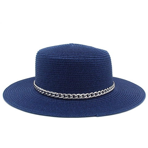 Women Summer Straw Boater Hat Fashion Metal Chain Sun Protection Wide Brim Beach Flat Top Jazz Hat Vacation Sun Hat