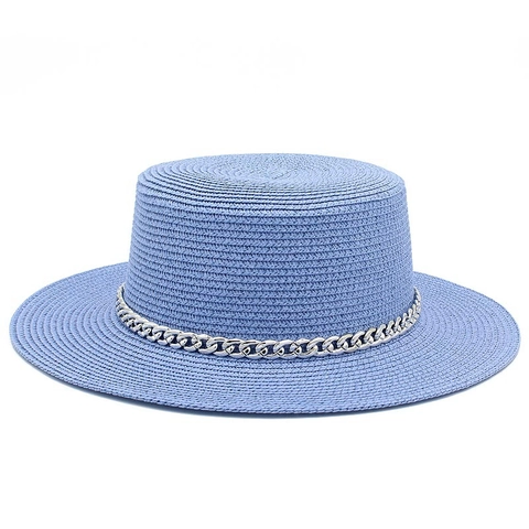 Women Summer Straw Boater Hat Fashion Metal Chain Sun Protection Wide Brim Beach Flat Top Jazz Hat Vacation Sun Hat