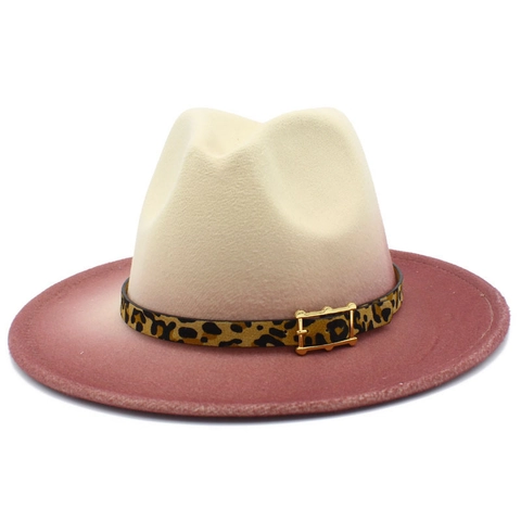 Damen Vintage Baumwolle Polyester Fedora Hut Leopardenband Metallschnalle Breite Krempe Verlauf Patchwork Jazz Kappe