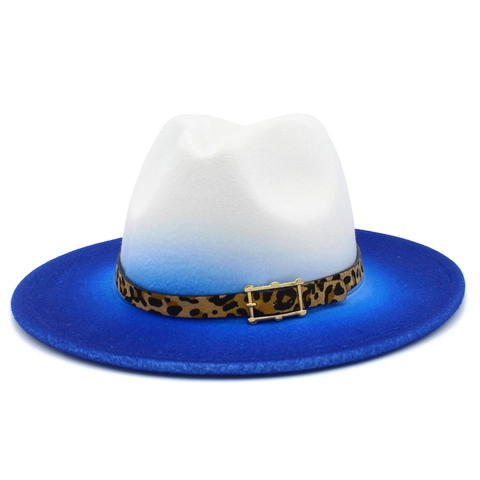 Damen Vintage Baumwolle Polyester Fedora Hut Leopardenband Metallschnalle Breite Krempe Verlauf Patchwork Jazz Kappe