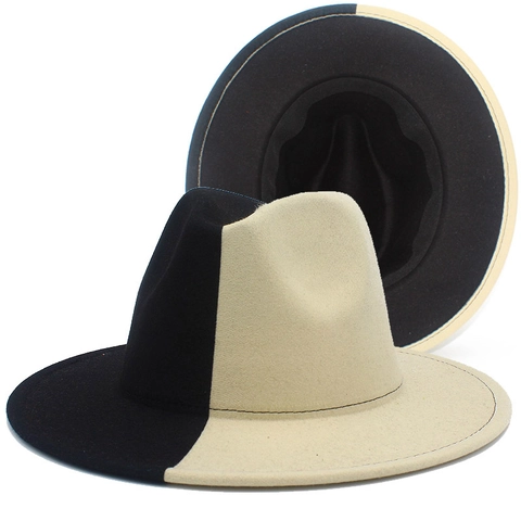 Zweifarbiger Patchwork Fedora Hut Breite Krempe Baumwollmischung Filz Jazz Hut Für Damen Herren Party Herbst Winter Warm Vintage Mütze