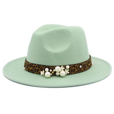 Cappello Fedora Vintage in Lana Con Fascia Leopardata Decorazione Fiori e Künstliche Perle Tesa Larga Stile Britannico Jazz Per Donna
