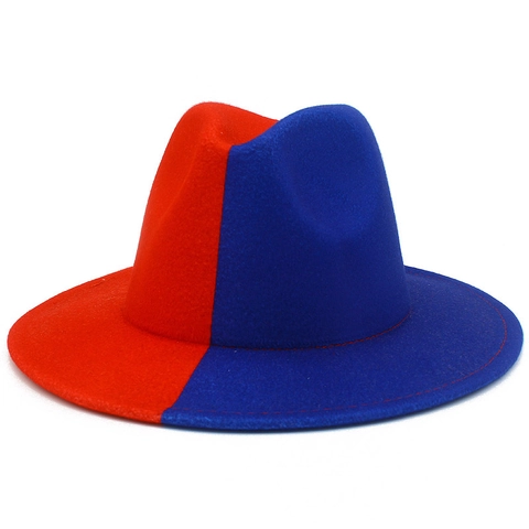 Zweifarbiger Patchwork Fedora Hut Breite Krempe Baumwollmischung Filz Jazz Hut Für Damen Herren Party Herbst Winter Warm Vintage Mütze