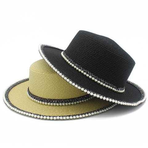 Sombrero de Paja Boater Elegante para Mujer Decoración de Perlas Artificiales Ala Ancha Verano Protección Solar para Vacaciones Playa Viaje