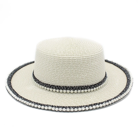 Sombrero de Paja Boater Elegante para Mujer Decoración de Perlas Artificiales Ala Ancha Verano Protección Solar para Vacaciones Playa Viaje