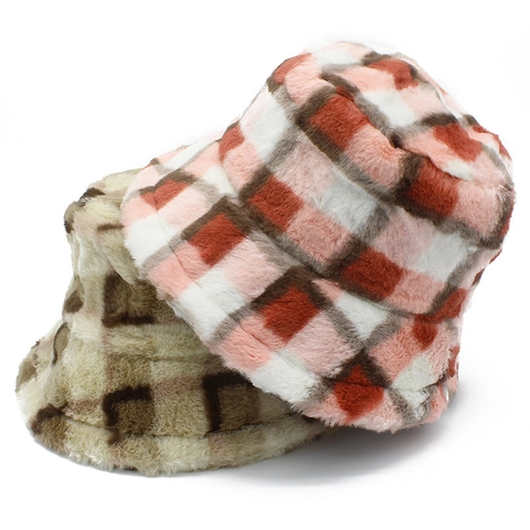 Cappello da Pescatore Invernale in Peluche da Donna Imitazione Pelliccia di Coniglio Ispessito Caldo Antivento Plaid