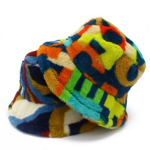 Sombrero de Pescador de Piel Sintética de Colores para Mujeres Hombres Invierno Cálido Peluche Patchwork Sombrero de Sol al Aire Libre