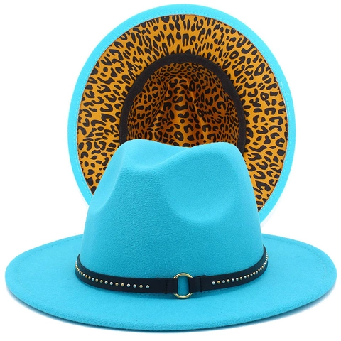 Unisex Wide Brim Fedora Hat Two Tone Leopard Print Lining Studded Belt Buckle Woolen Felt Jazz Sun Hat For Travel Daily Wear