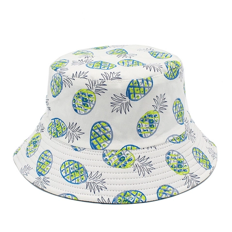 Damen Baumwolle Fischerhut Sonnenschutz Atmungsaktiv Ananas Druck Frisch Flacher Deckel Breite Krempe Sommer Strandhut
