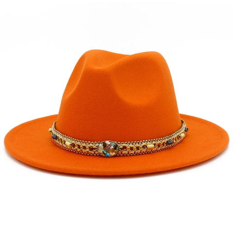Bohemian Ethnic Fedora Hat Woolen Felt Wide Brim Jazz Hat With Stone Bead Chain Decor For Men Women Autumn Winter Warm