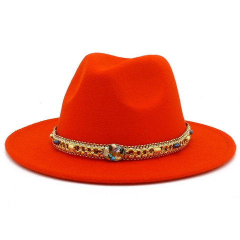 Bohemian Ethnic Fedora Hat Woolen Felt Wide Brim Jazz Hat With Stone Bead Chain Decor For Men Women Autumn Winter Warm