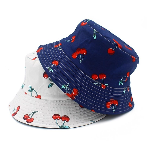 Sweet Reversible Cotton Bucket Hat For Women Double Sided Cherry Print Sun Hat Foldable Summer Beach Travel Fisherman Cap