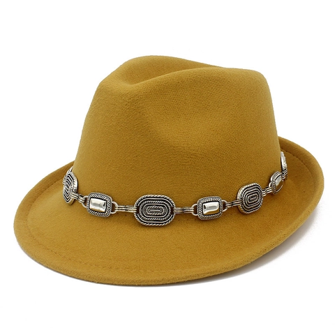 Vintage Woolen Feel Fedora Hat Wide Brim Jazz Cap With Metal Chain Decoration For Women Men Casual Outdoor Winter Warm Hat