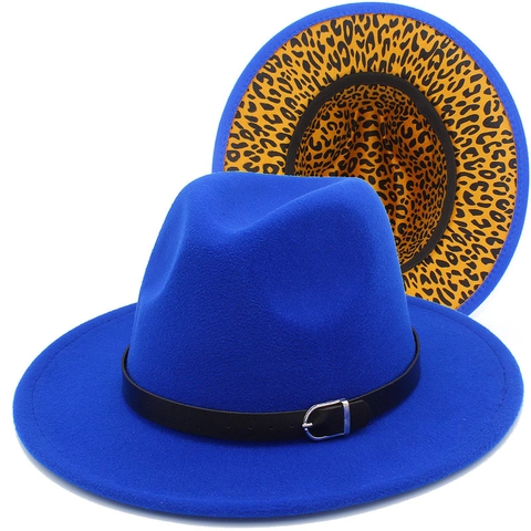 Vintage Britse Stijl Fedora Hoed Brede Rand Wollen Vilt Jazz Hoed Riem Gesp Luipaardprint Voering Herfst Winter Cap