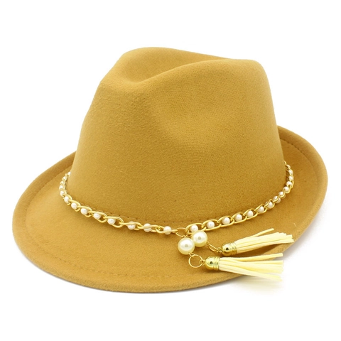 Vintage Women Fedora Hat Polyester Cotton Blend Artificial Pearl Chain Tassel Decor Elegant Wide Brim Jazz Cap Party Wedding Hat